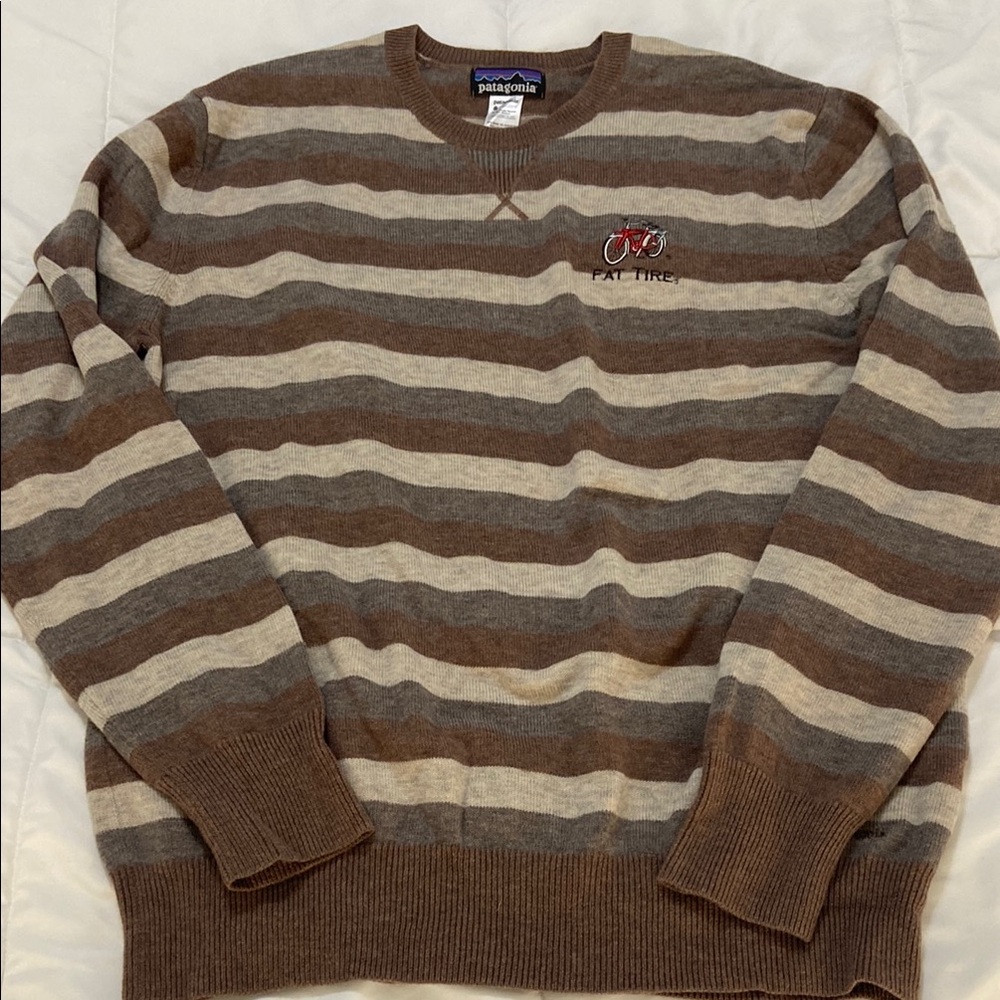 Patagonia Men's Brown and Cream Striped Crewneck Sweater
